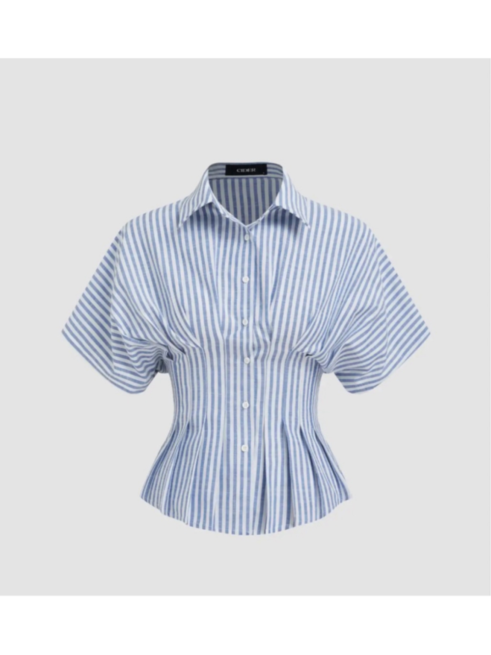 Cider COTTON-BLEND COLLAR STRIPE PLEATED CINCHED WAIST SHIRT blue and white 0X - Picture 12 of 12